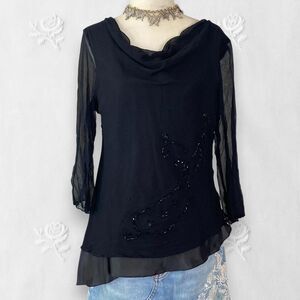 Vintage 90s Whimsygoth Asymmetric Black Beaded Silk 3/4 Sleeve Blouse L